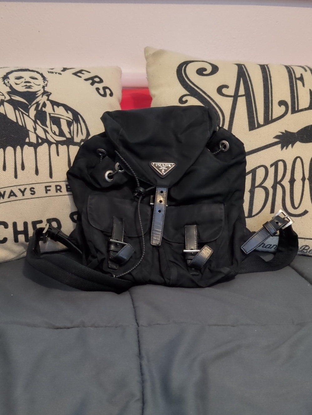 Authentic Prada Black Nylon Drawstring Backpack with Leather Trim Unisex - CUTE!